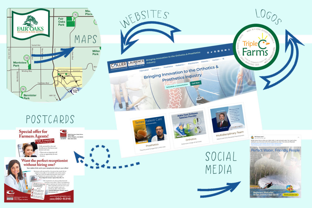 collage of projects: map design, website design, logo design, postcard design, social media content post